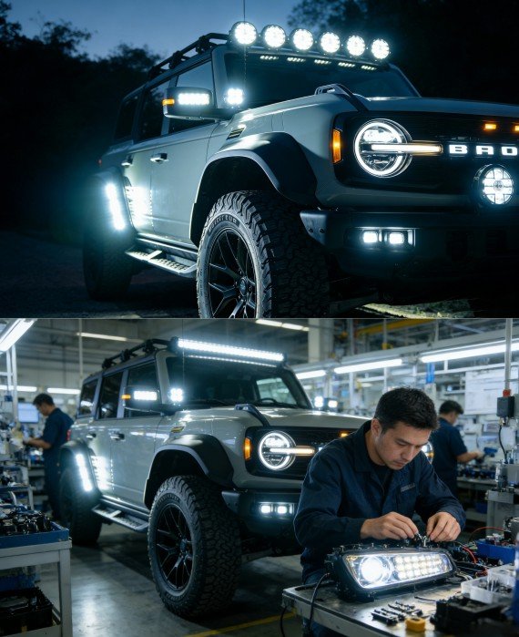 vehículo todoterreno con faros LED y proceso de producción en fábrica - Windou