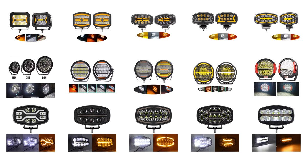 Colección de faros LED para camión y vehículos pesados, modelos redondos y cuadrados con múltiples tamaños y opciones de luminosidad