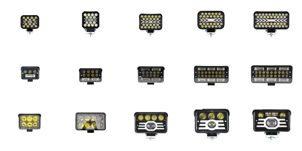 Variedad de luces LED cuadradas para camión, diseños compactos y resistentes para iluminación de trabajo en vehículos pesados